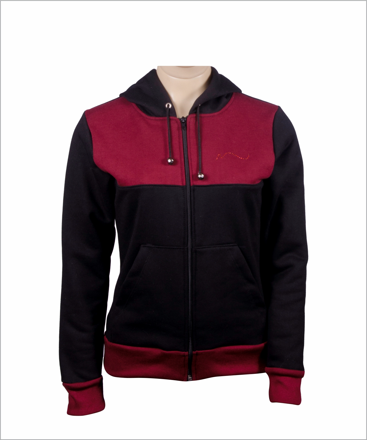 Blusa de Moletom feminina canguru bordo e preta capuz e ziper