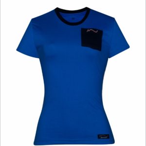 Camiseta feminina azul royal com bolso preto
